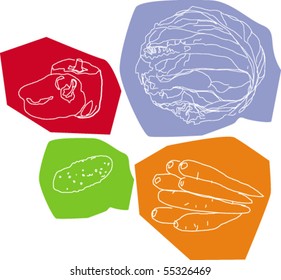 vegetable icons: pepper, carrot, cabbage, cucumber