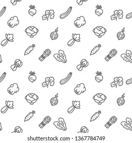 Vegetable icons seamless pattern grey vector on white background. Collection Of zucchini, asparagus, Pak Choi, parsley, Chinese cabbage. Template for design fabric, backgrounds, wrapping paper. 