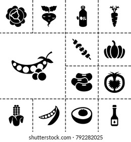 Vegetable icons. set of 13 editable filled vegetable icons such as cabbage, oil, kebab, pumpkin, carrot, tomato, peas, avocado, beet, corn