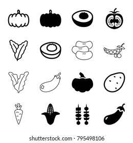 Vegetable icons. set of 16 editable filled and outline vegetable icons such as pumpkin, eggplant, corn, kebab, avocado, potato, spinach, carrot, peas, bean
