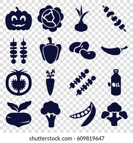 Vegetable icons set. set of 16 vegetable filled icons such as onion, beet, cabbage, cauliflower, bean, oil, pepper, kebab, broccoli, tomato, peas, pumpkin haloween