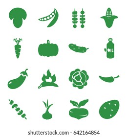 Vegetable icons set. set of 16 vegetable filled icons such as mushroom, pumpkin, potato, onion, beet, cabbage, chili, eggplant, corn, oil, pepper, cucumber, kebab, carrot