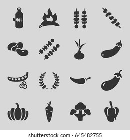 Vegetable icons set. set of 16 vegetable filled icons such as onion, carrot, peas, chili, pepper, eggplant, bean, oil, kebab, pumpkin, broccoli, aubergine