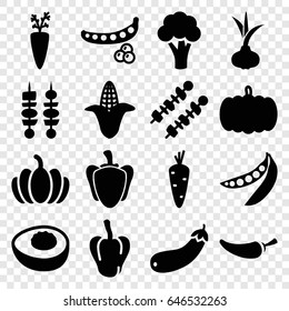 Vegetable icons set. set of 16 vegetable filled icons such as pumpkin, onion, carrot, peas, pepper, cauliflower, corn, aubergine, kebab, avocado