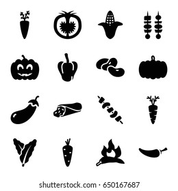 Vegetable icons set. set of 16 vegetable filled icons such as pumpkin, carrot, spinach, chili, pepper, eggplant, corn, bean, wrap sandwich, kebab, tomato, pumpkin haloween