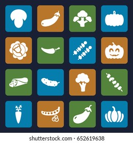 Vegetable icons set. set of 16 vegetable filled icons such as mushroom, pumpkin, peas, cabbage, eggplant, cauliflower, wrap sandwich, pepper, cucumber, kebab, broccoli