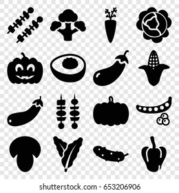 Vegetable icons set. set of 16 vegetable filled icons such as mushroom, pumpkin, peas, cabbage, spinach, pepper, eggplant, corn, cucumber, broccoli, aubergine