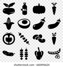 Vegetable icons set. set of 16 vegetable filled icons such as pumpkin, beet, peas, pepper, eggplant, corn, bean, oil, cucumber, kebab, carrot, aubergine, tomato, avocado
