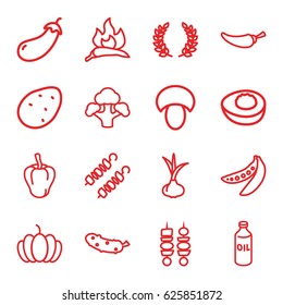 Vegetable icons set. set of 16 vegetable outline icons such as mushroom, potato, onion, chili, pepper, eggplant, oil, cucumber, pumpkin, broccoli, peas, kebab, avocado