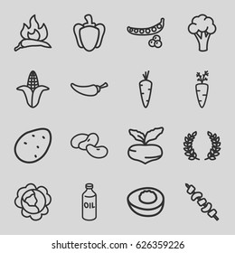 Vegetable icons set. set of 16 vegetable outline icons such as potato, carrot, beet, peas, cabbage, chili, cauliflower, corn, bean, oil, pepper, kebab, avocado, olive branch