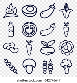 Vegetable icons set. set of 16 vegetable outline icons such as mushroom, beet, cabbage, chili, eggplant, cauliflower, corn, bean, oil, kebab, carrot, aubergine, tomato