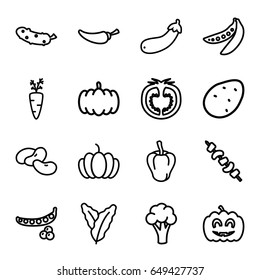 Vegetable icons set. set of 16 vegetable outline icons such as pumpkin, potato, peas, spinach, pepper, cauliflower, bean, cucumber, kebab, aubergine, tomato, pumpkin haloween