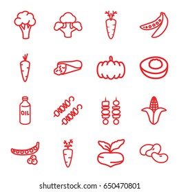 Vegetable icons set. set of 16 vegetable outline icons such as pumpkin, carrot, beet, peas, cauliflower, corn, bean, oil, wrap sandwich, broccoli, kebab, avocado