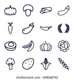 Vegetable icons set. set of 16 vegetable outline icons such as mushroom, pumpkin, potato, cabbage, eggplant, cauliflower, corn, wrap sandwich, pepper, kebab, carrot, aubergine