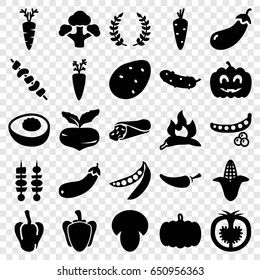 Vegetable icons set. set of 25 vegetable filled icons such as mushroom, pumpkin, potato, carrot, beet, peas, chili, pepper, eggplant, corn, wrap sandwich, cucumber, kebab