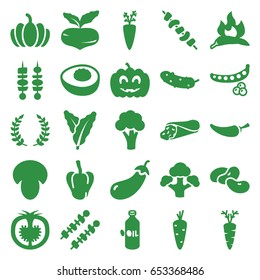 Vegetable icons set. set of 25 vegetable filled icons such as mushroom, carrot, beet, peas, spinach, chili, pepper, eggplant, cauliflower, bean, oil, wrap sandwich, cucumber