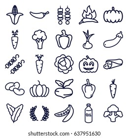 Vegetable icons set. set of 25 vegetable outline icons such as pumpkin, onion, carrot, beet, cabbage, spinach, chili, pepper, cauliflower, corn, bean, oil, wrap sandwich