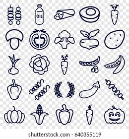Vegetable icons set. set of 25 vegetable outline icons such as mushroom, potato, onion, carrot, beet, peas, cabbage, pepper, corn, oil, wrap sandwich, kebab, pumpkin, broccoli