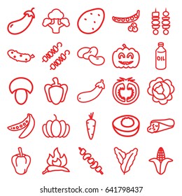 Vegetable icons set. set of 25 vegetable outline icons such as mushroom, potato, carrot, peas, cabbage, spinach, chili, pepper, eggplant, corn, bean, oil, wrap sandwich