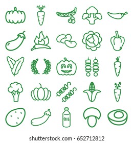 Vegetable icons set. set of 25 vegetable outline icons such as mushroom, pumpkin, potato, carrot, peas, cabbage, spinach, chili, pepper, eggplant, cauliflower, corn, bean, oil