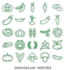 Vegetable icons set. set of 25 vegetable outline icons such as mushroom, pumpkin, onion, carrot, beet, peas, cabbage, spinach, chili, eggplant, bean, wrap sandwich, pepper