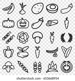 Vegetable icons set. set of 25 vegetable outline icons such as mushroom, pumpkin, potato, onion, carrot, beet, peas, cabbage, spinach, chili, eggplant, wrap sandwich, kebab