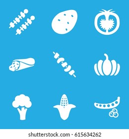 Vegetable icons set. set of 9 vegetable filled icons such as potato, peas, cauliflower, corn, wrap sandwich, kebab, pumpkin