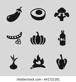 Vegetable icons set. set of 9 vegetable filled icons such as onion, peas, chili, pepper, eggplant, oil, pumpkin, broccoli