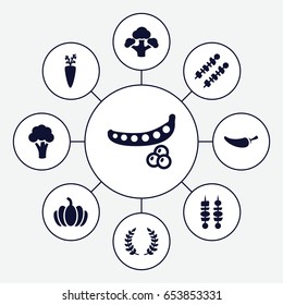 Vegetable icons set. set of 9 vegetable filled icons such as peas, cauliflower, pepper, pumpkin, broccoli, kebab, olive branch