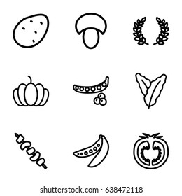 Vegetable icons set. set of 9 vegetable outline icons such as mushroom, potato, peas, spinach, kebab, pumpkin, tomato