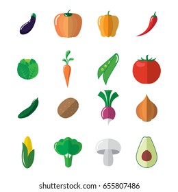 Vegetable icons set. Aubergine, pumpkin, pepper, cayenne, cabbage, carrot, bean, tomato, cucumber, potato, radish, onion, corn, broccoli, mushroom, avocados icons