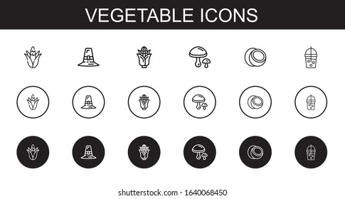 vegetable icons set. Collection of vegetable with corn, pilgrim, mushrooms, coconut, smoothie. Editable and scalable vegetable icons.