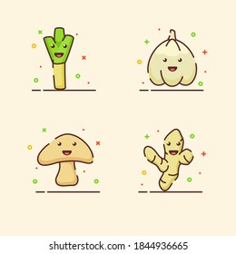 Vegetable icons set collection leek garlic mushroom ginger cute mascot face emotion happy with color flat cartoon outline style