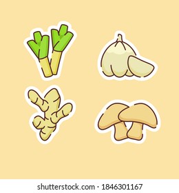 Vegetable icons set collection leek garlic ginger mushroom flavor taste organic fresh with color flat cartoon outline style