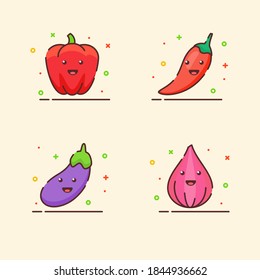 Vegetable icons set collection paprika chili eggplant onion cute mascot face emotion happy with color flat cartoon outline style