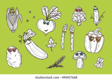 Vegetable icons set. Funny Stylish Fashion Vegetables with sunglasses. Hand drawn doodle corn, beet, zucchini, potato, artichoke, asparagus, pod green pea, bell pepper, champignon mushroom