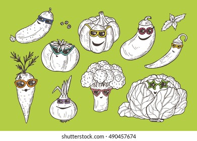 Vegetable icons set. Funny Stylish Fashion Vegetables with sunglasses. Hand drawn doodle cucumber, tomato, pumpkin, eggplant, chili pepper, carrot, onion, broccoli, cabbage