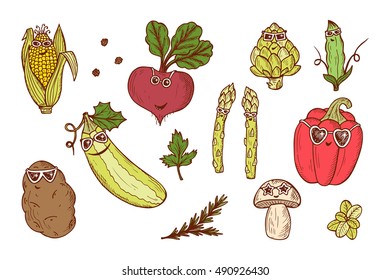 Vegetable icons set. Funny Stylish Fashion Vegetables with sunglasses. Hand drawn doodle corn, beet, zucchini, potato, artichoke, asparagus, pod green pea, bell pepper, champignon mushroom