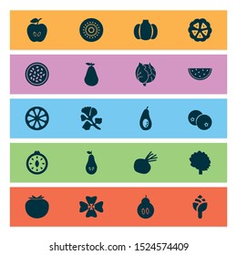 Vegetable icons set with kiwifruit, artichoke, cocoa beans and other kiwi
elements. Isolated vector illustration vegetable icons