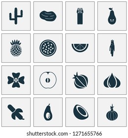 Vegetable icons set with lime, garlic, freshness and other citrus elements. Isolated vector illustration vegetable icons.