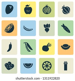 Vegetable icons set with mandarin, pepper, legume haricot elements. Isolated vector illustration vegetable icons.