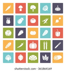 Conjunto de ícones vegetais, negativo em quadrados coloridos