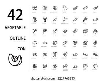 Vegetable icons set with outline style.