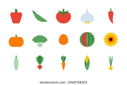 Conjunto de iconos de verduras - pimiento rojo, guisantes, ajo, cebolla, calabaza, papa, rábano, zanahoria, tomate, pepino, maíz, brócoli. Productos veganos orgánicos, Paquete. Estilo minimalista. Estilo de Vector simple y limpio