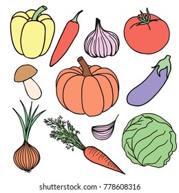 Vegetable icons set stock hand drawn illustration sketch