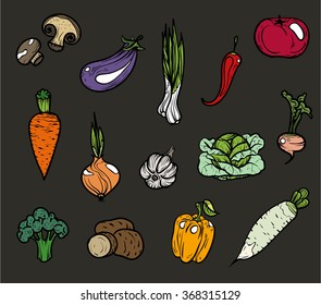 Vegetable icons. Vector illustration. Hand drawing on a graphic tablet.On a black background.