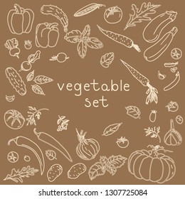 
Vegetable illustration. For craft menu. Vegetable set on craft paper. Background vegetable.