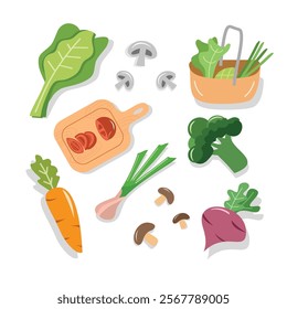 Vegetable illustration. Vegetable element such as carrot, leek, mushroom, mustard, broccoli, cassava, and tomato. Healthy food. Fresh vegetables.