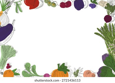 Vegetable illustration frame with hand drawn fresh produce in modern sketch style