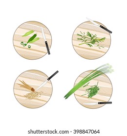 Vegetable, Illustration of Garlic Chives, Water Mimosa, Okra and Fingerroot on Wooden Cutting Boards.